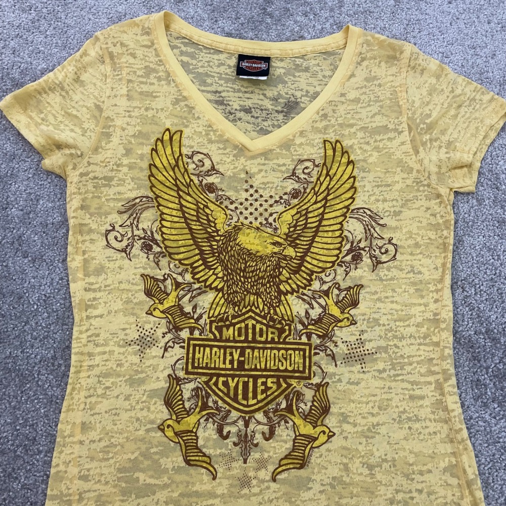 Harley Davidson T Shirt Womens Small Y2K Burnout Eagle V Neck Biker (Tag XL)